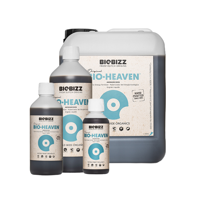 A set of BioBizz Bio Heaven organic biological stimulant products for plants, including various sized bottles and a larger container, labeled with the brand and product name.