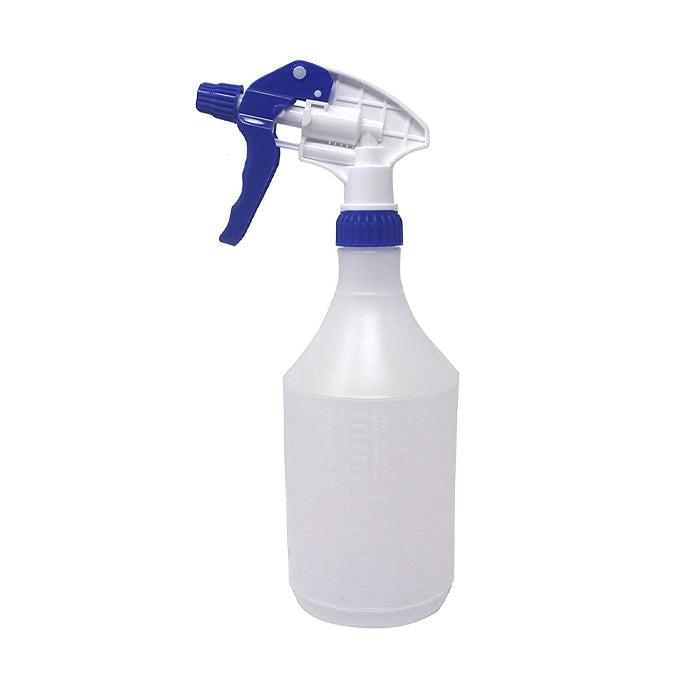 A white plastic spray mist bottle with a blue trigger nozzle.