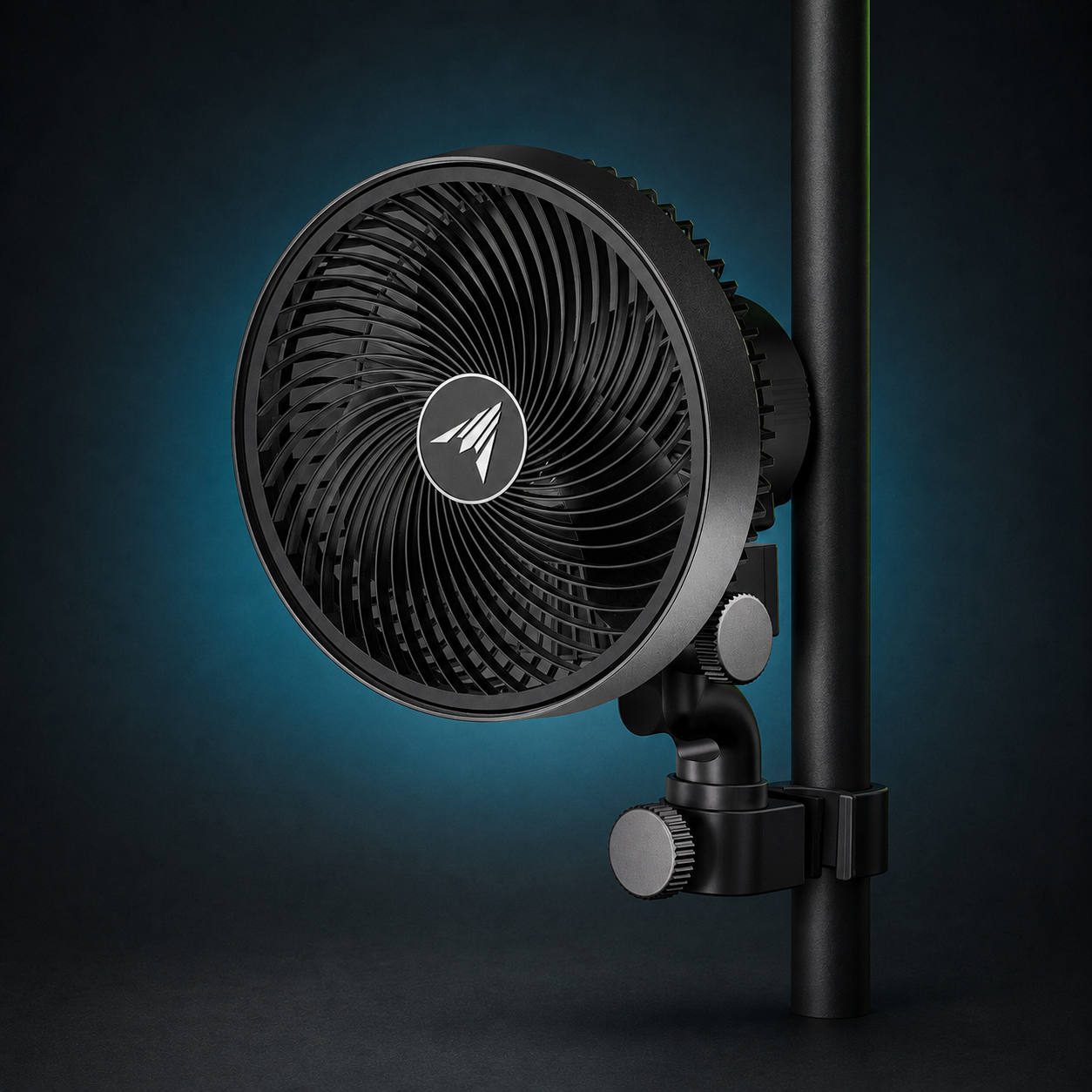 Black AC Infinity CLOUDRAY S6 circulation fan mounted to a grow tent pole
