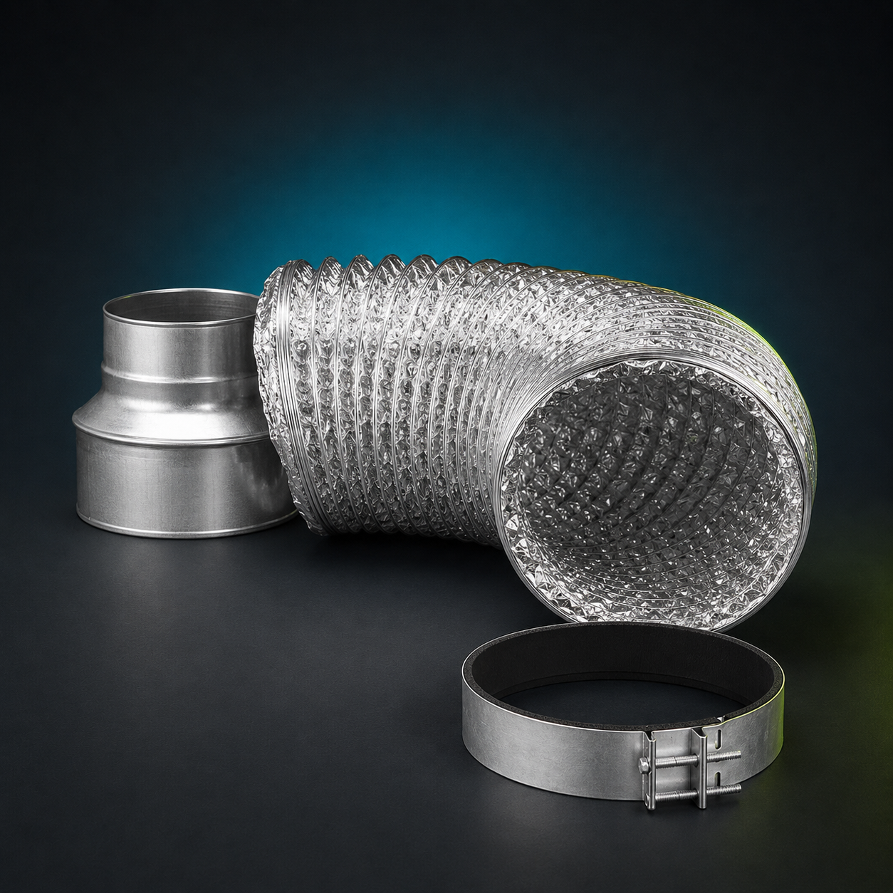 Aluminium grow room ducting with metal reducer and fast clamp