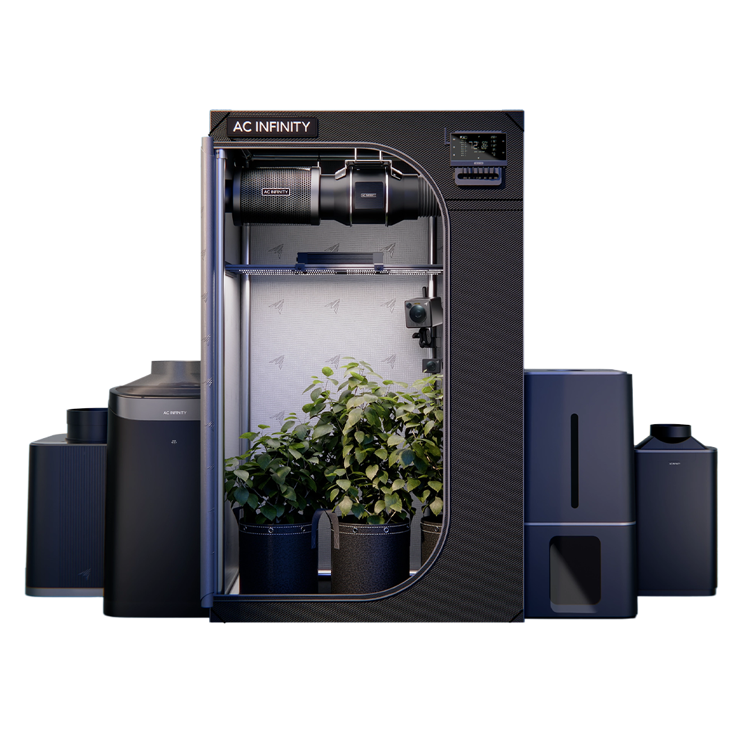 AC Infinity hydroponic grow equipment including fans, LED lights, and smart controllers for grow rooms and tents