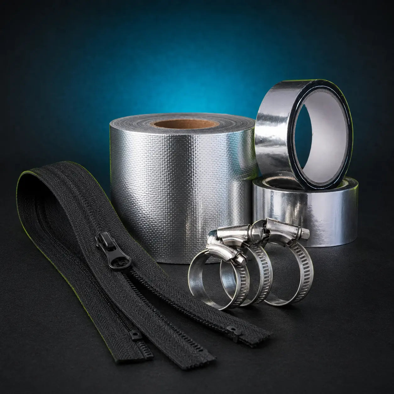 Foil tapes, metal hose clips and black grow room zipper