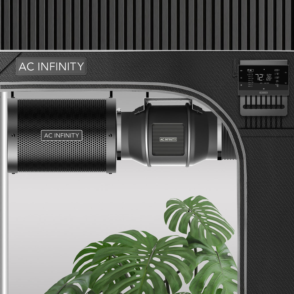 AC Infinity indoor grow light system with a plant underneath
