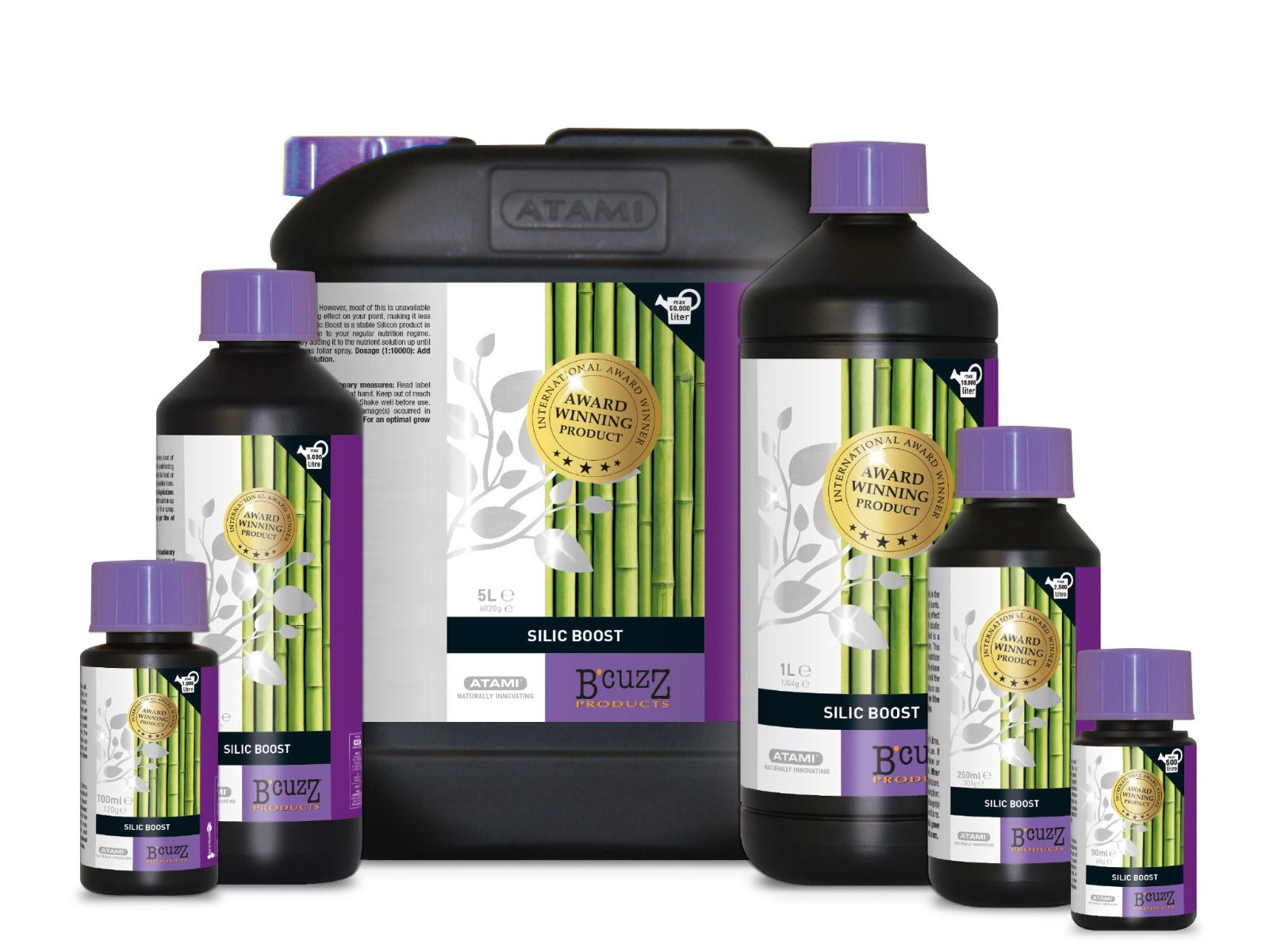 A range of B'Cuzz Silic Boost product bottles in different sizes, designed for plant nutrition.