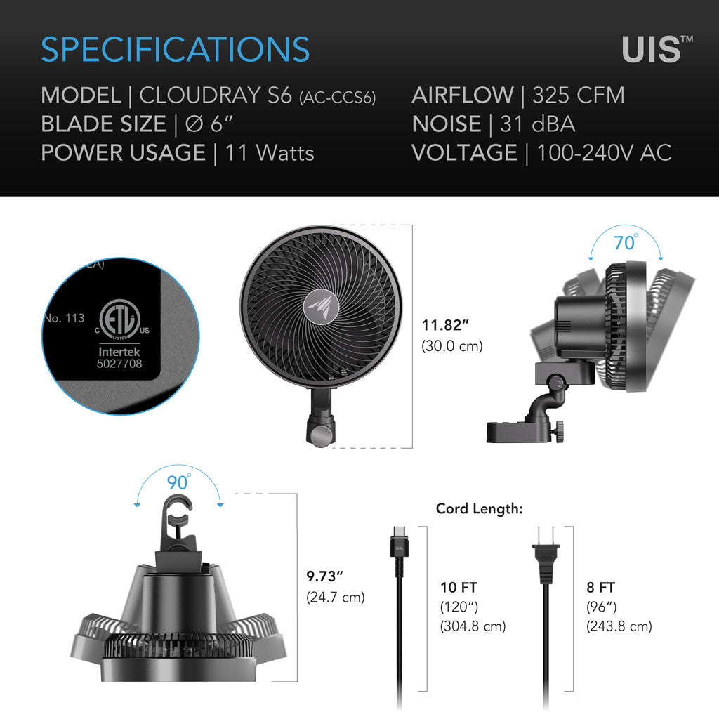 CLOUDRAY S6, Grow Tent Clip Fan 6" with 10 Speeds and Dynamic Wind