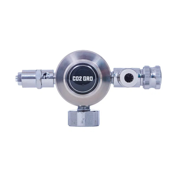 Metallic CO2 regulator with 'CO2 GRO' branding on a white background