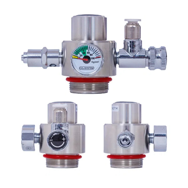 Three metallic valve components on a white background