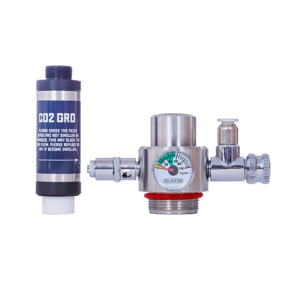 CO2 regulator with gauge and CO2 GRO branding on a white background