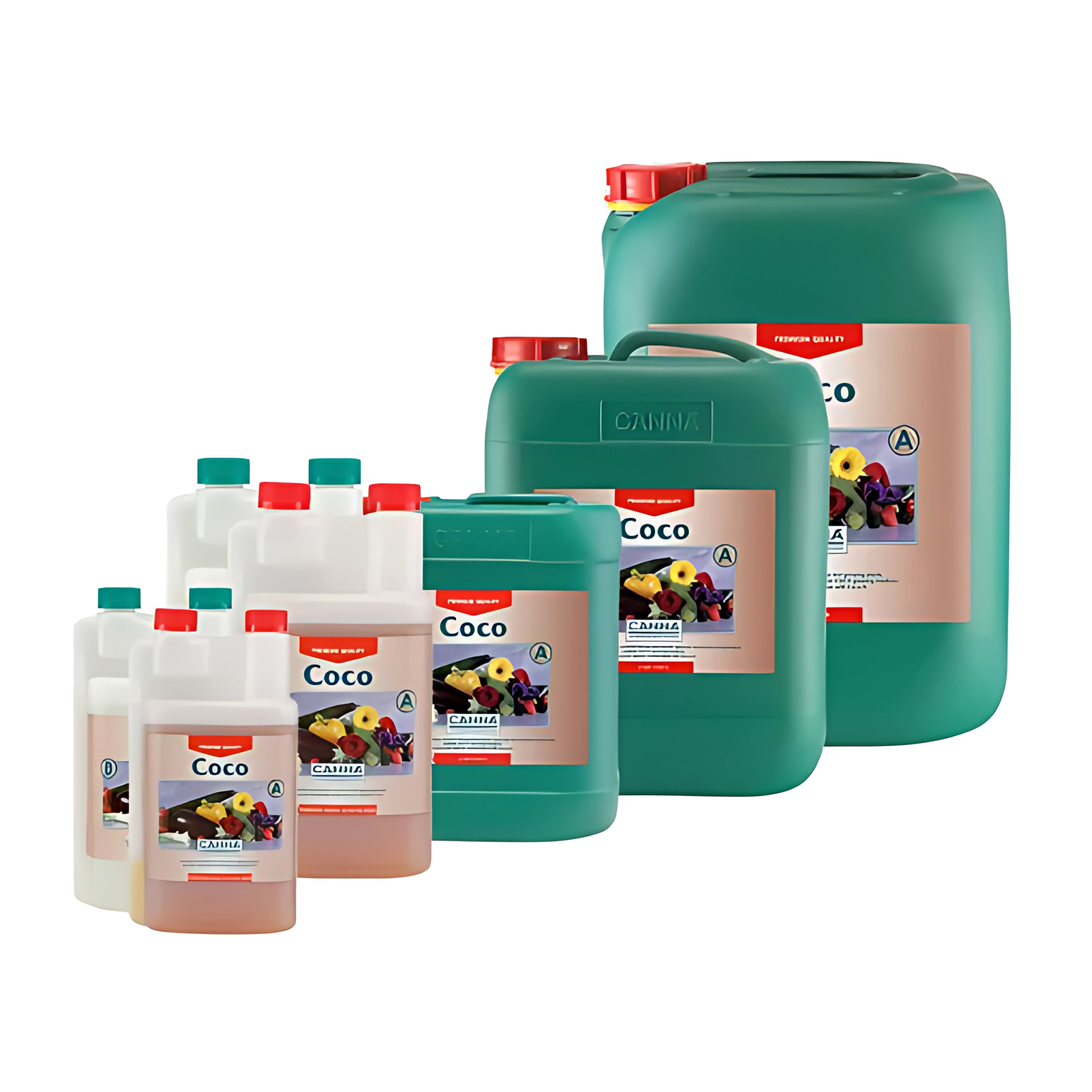 Collection of Canna Coco nutrient containers on a white background