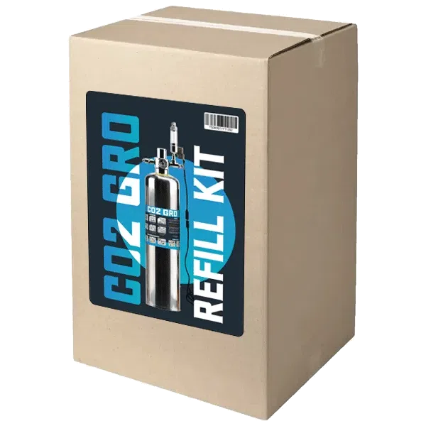 Cardboard box with CO2 Refill Kit label on a white background