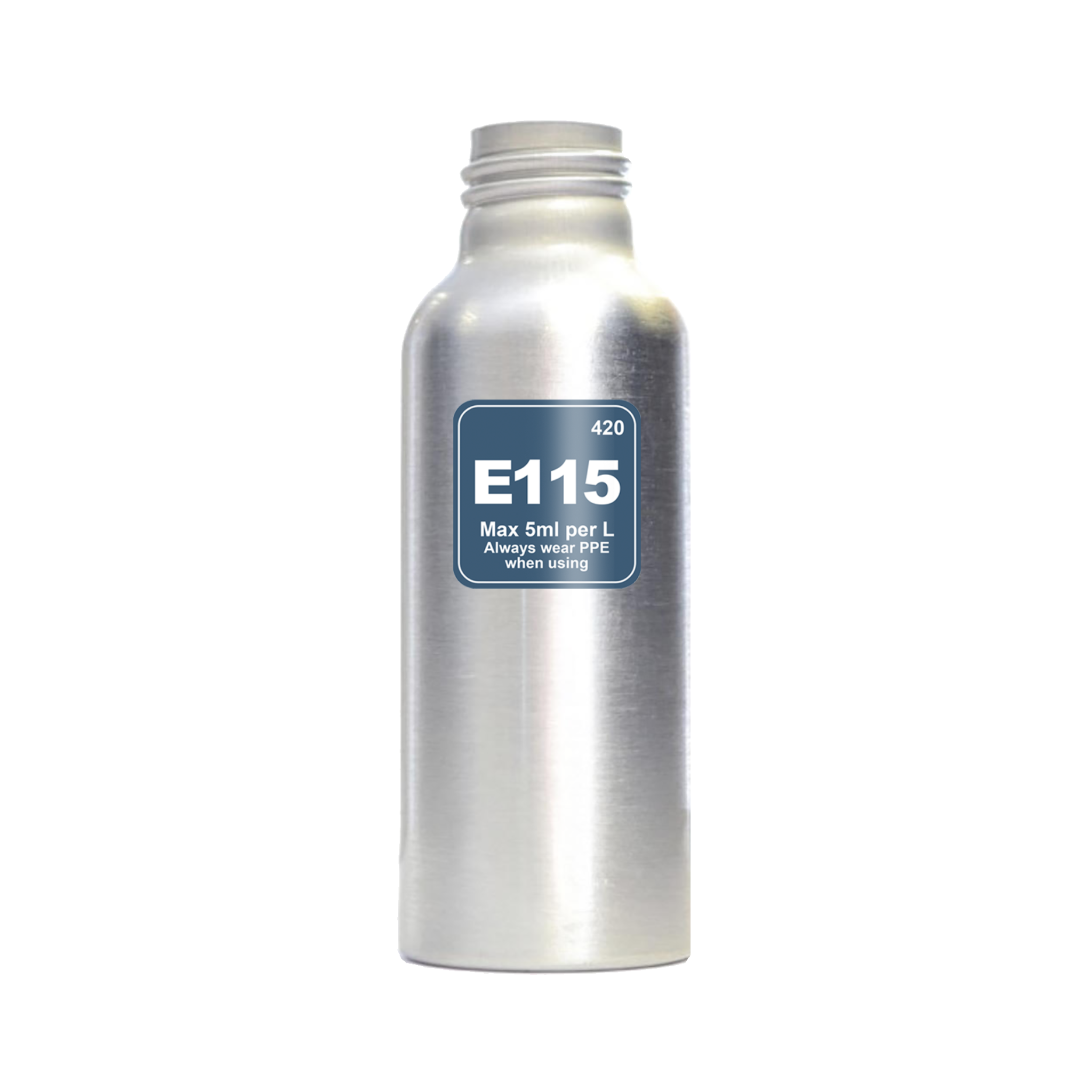 Silver bottle with a blue label featuring E115 on a white background
