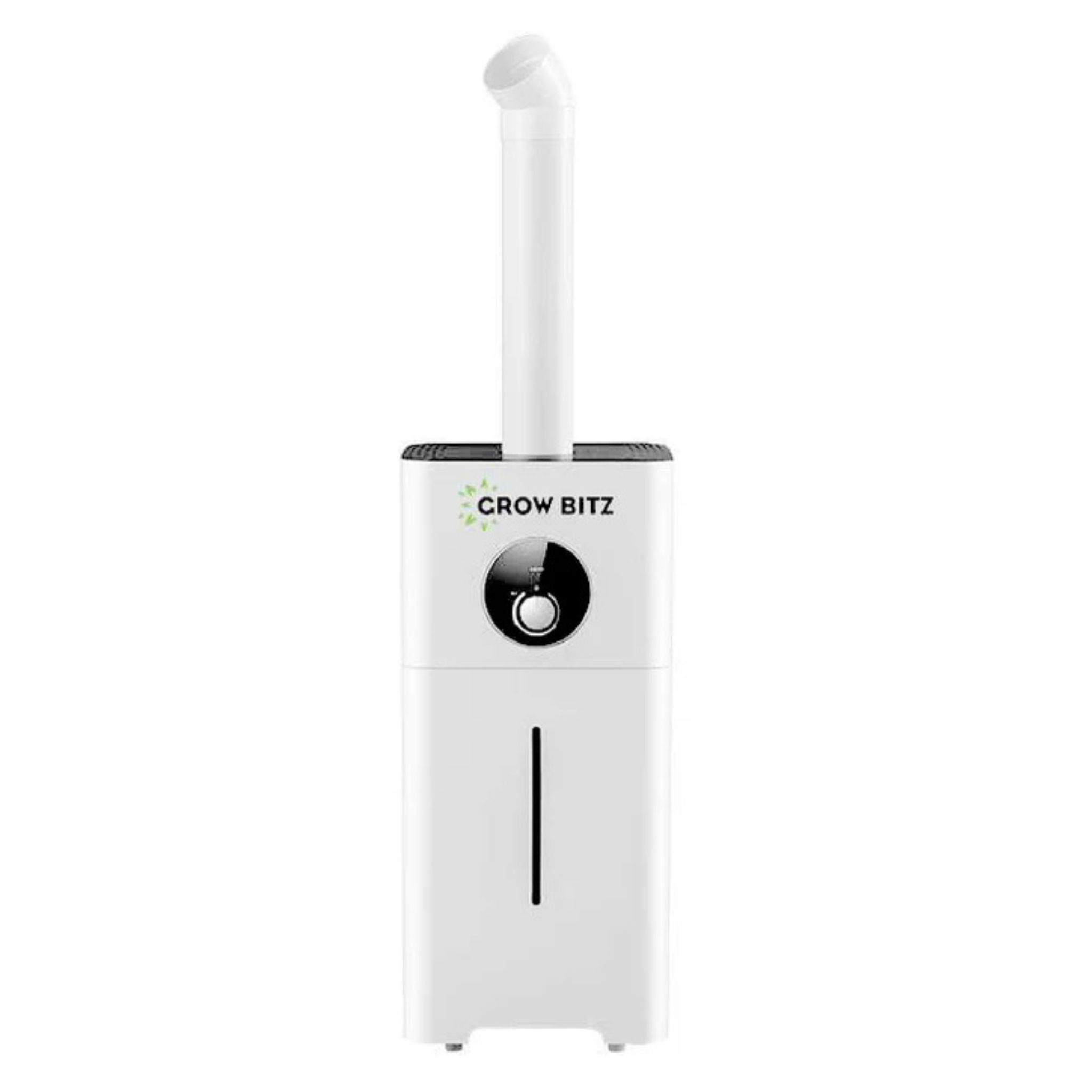 White humidifer with a black circular component on a white background, featuring the brand GROW BITZ