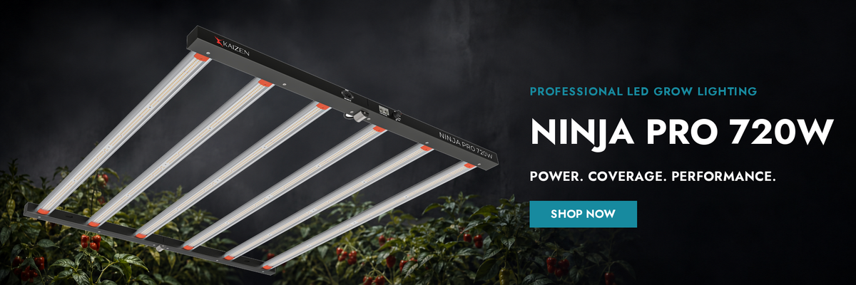 Kaizen NINJA PRO 720W LED grow light with six-bar design and built-in driver above indoor plants.