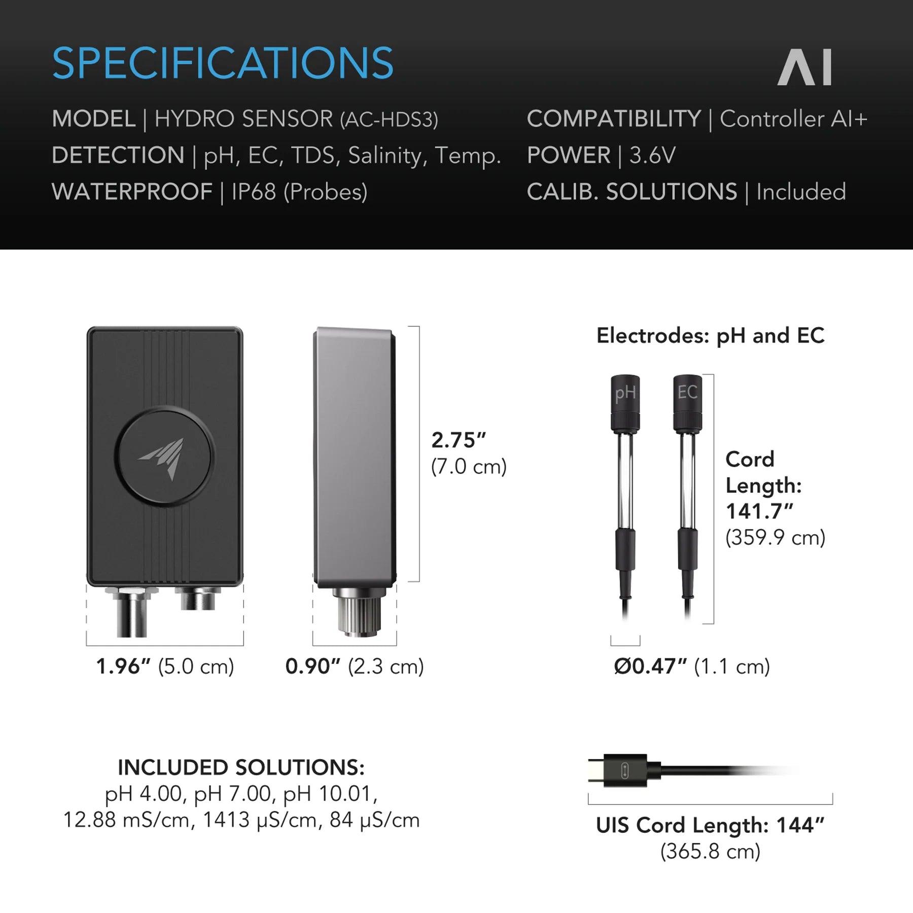 Technical specifications of a hydro sensor with dimensions and features listed.