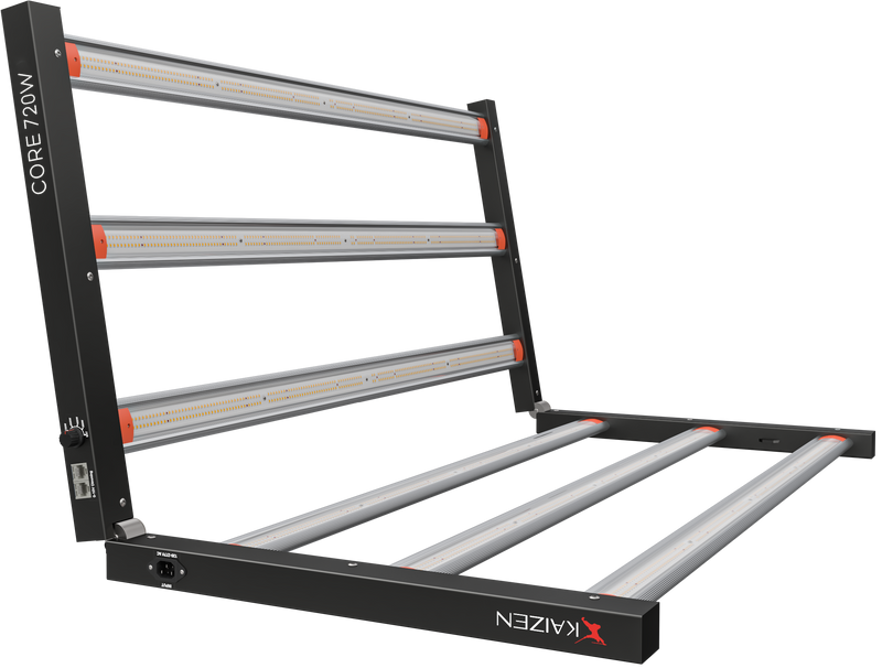Kaizen Core 720W high-bay LED curing lamp frame, featuring four horizontal light bars mounted on a black metal frame, shown on a solid white background.