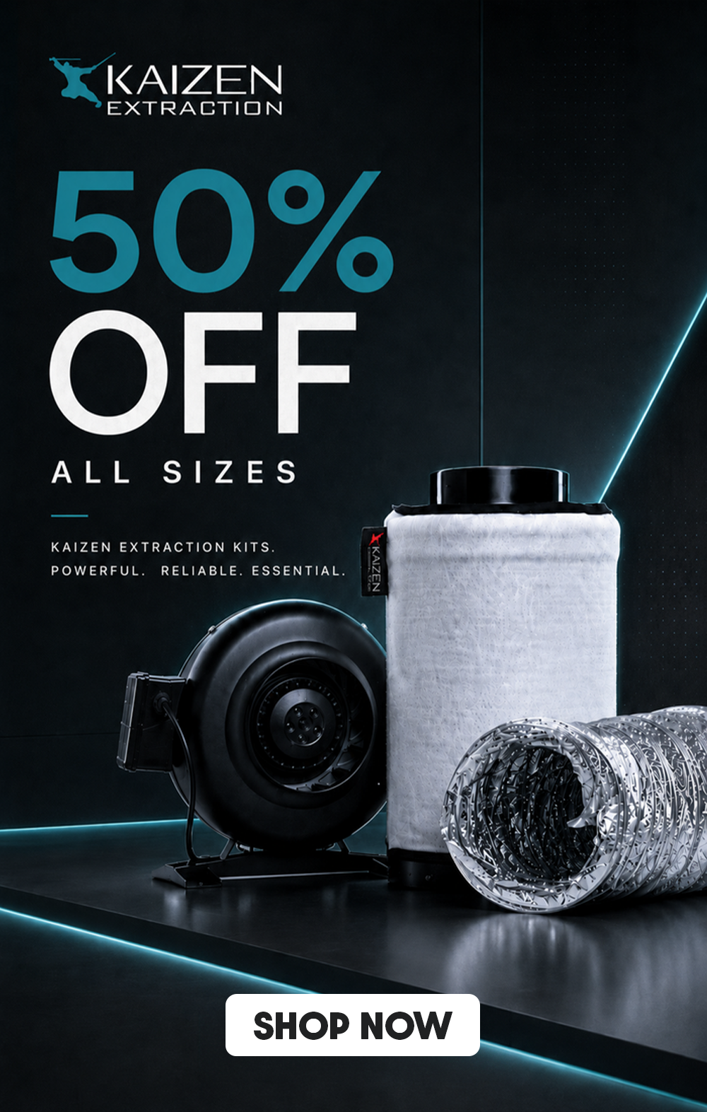 Kaizen fan and carbon filter extraction kit for grow room ventilation