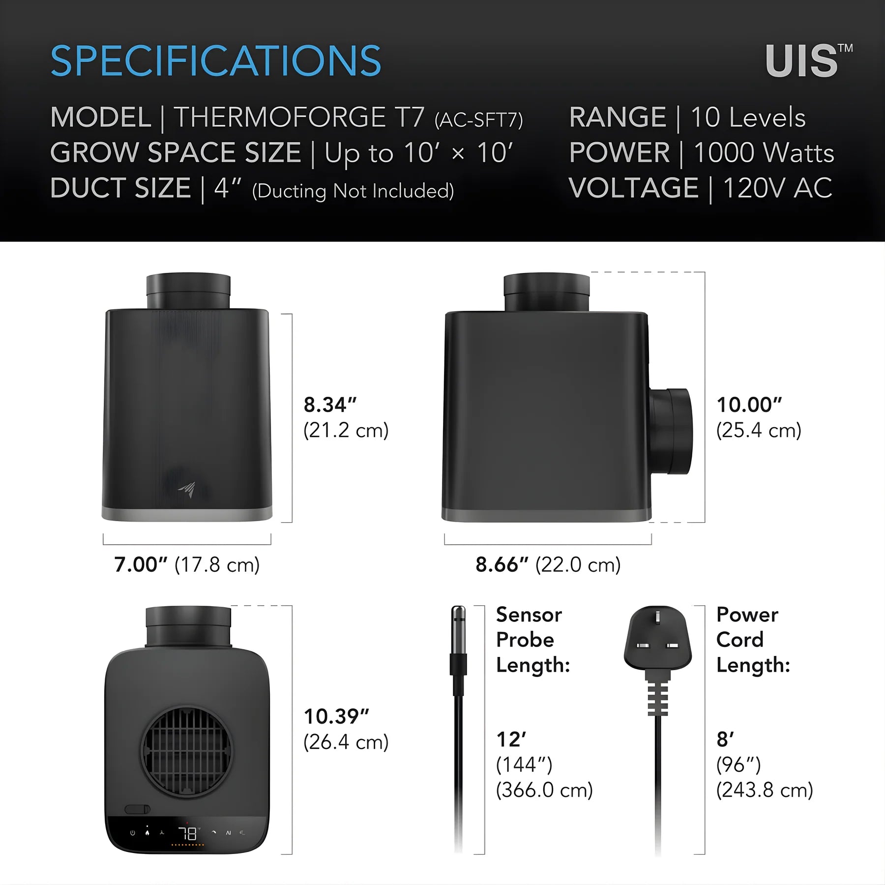 Thermoforge T7 grow light specifications with dimensions and features.