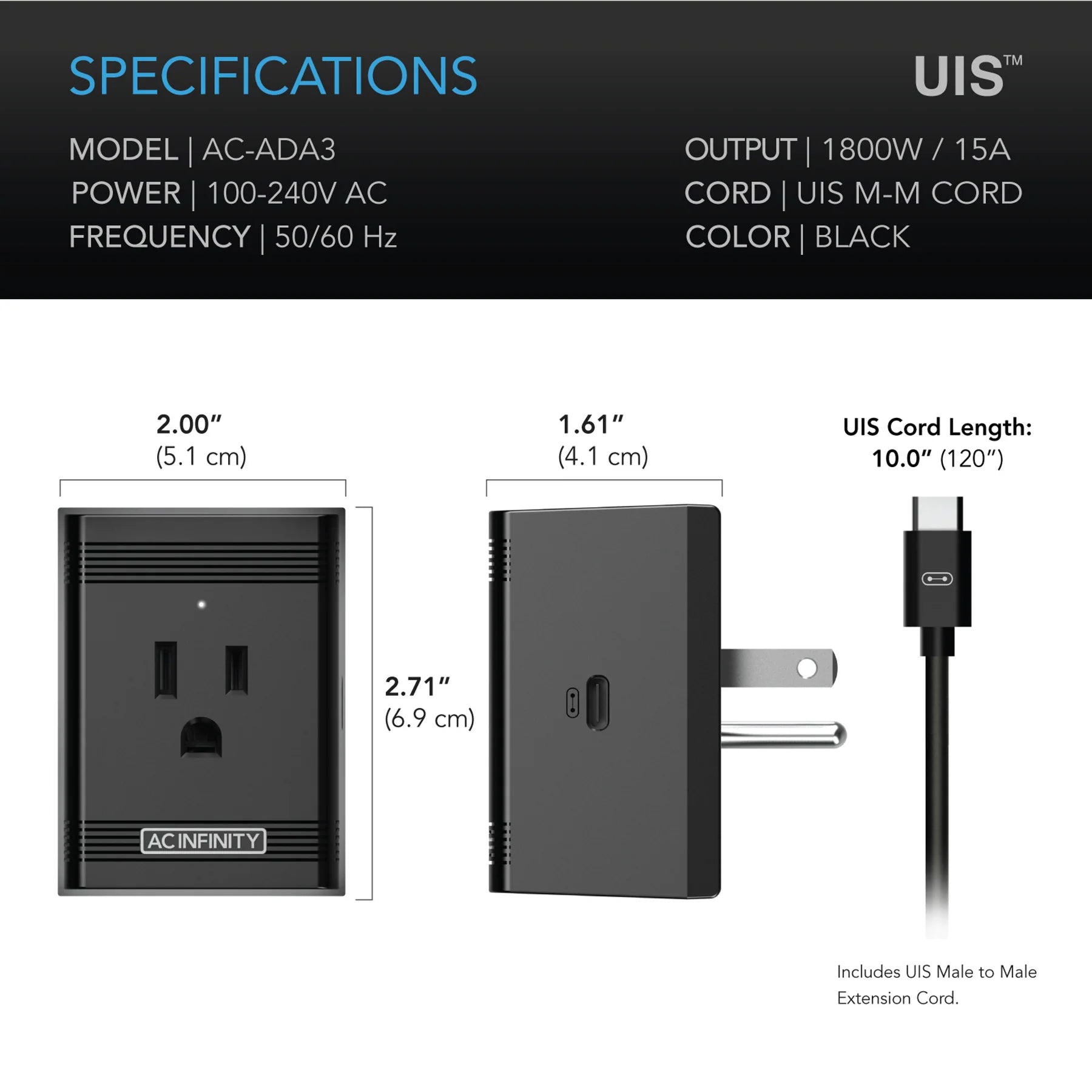 Technical specifications and features of a power adapter with UIS branding.