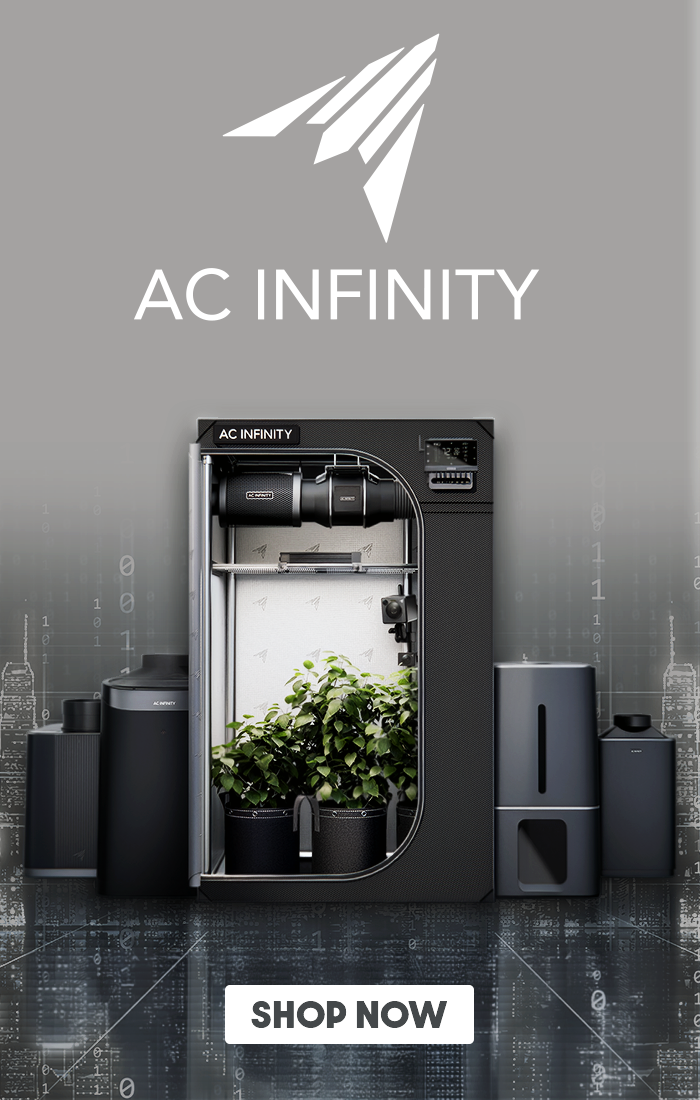 Banner promoting AC Infinity ventilation, LED lights, and controllers at Holland Horticulture
