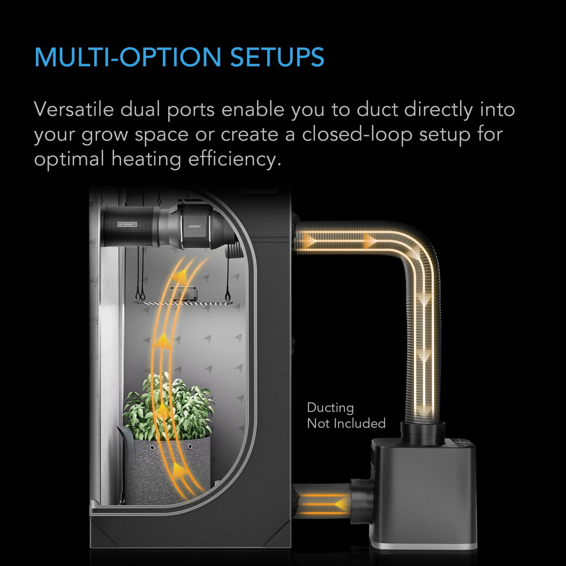 Glowing heating element with ducting setup diagram on a black background