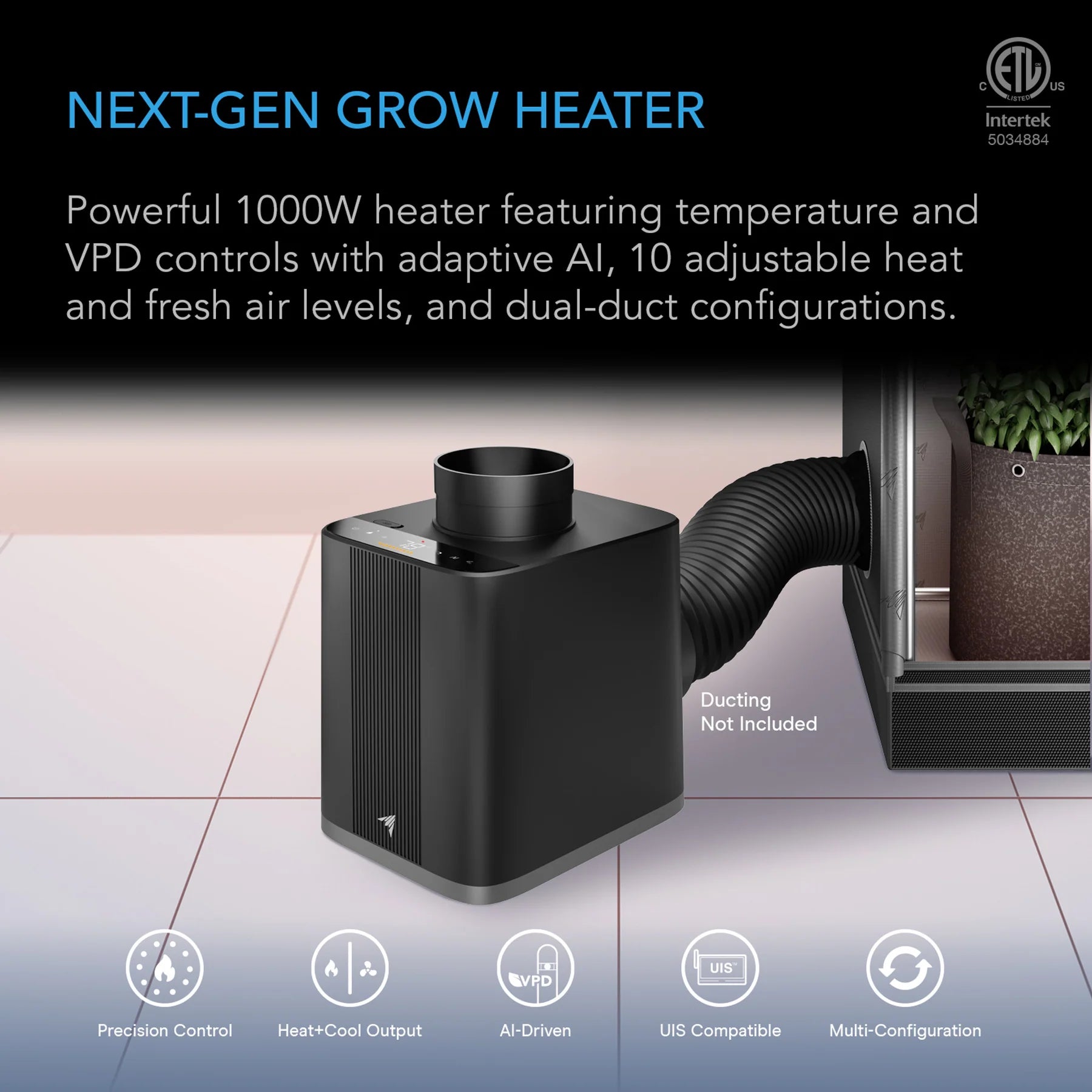 AC Infinity heater with dual duct ports for airflow and heat distribution
