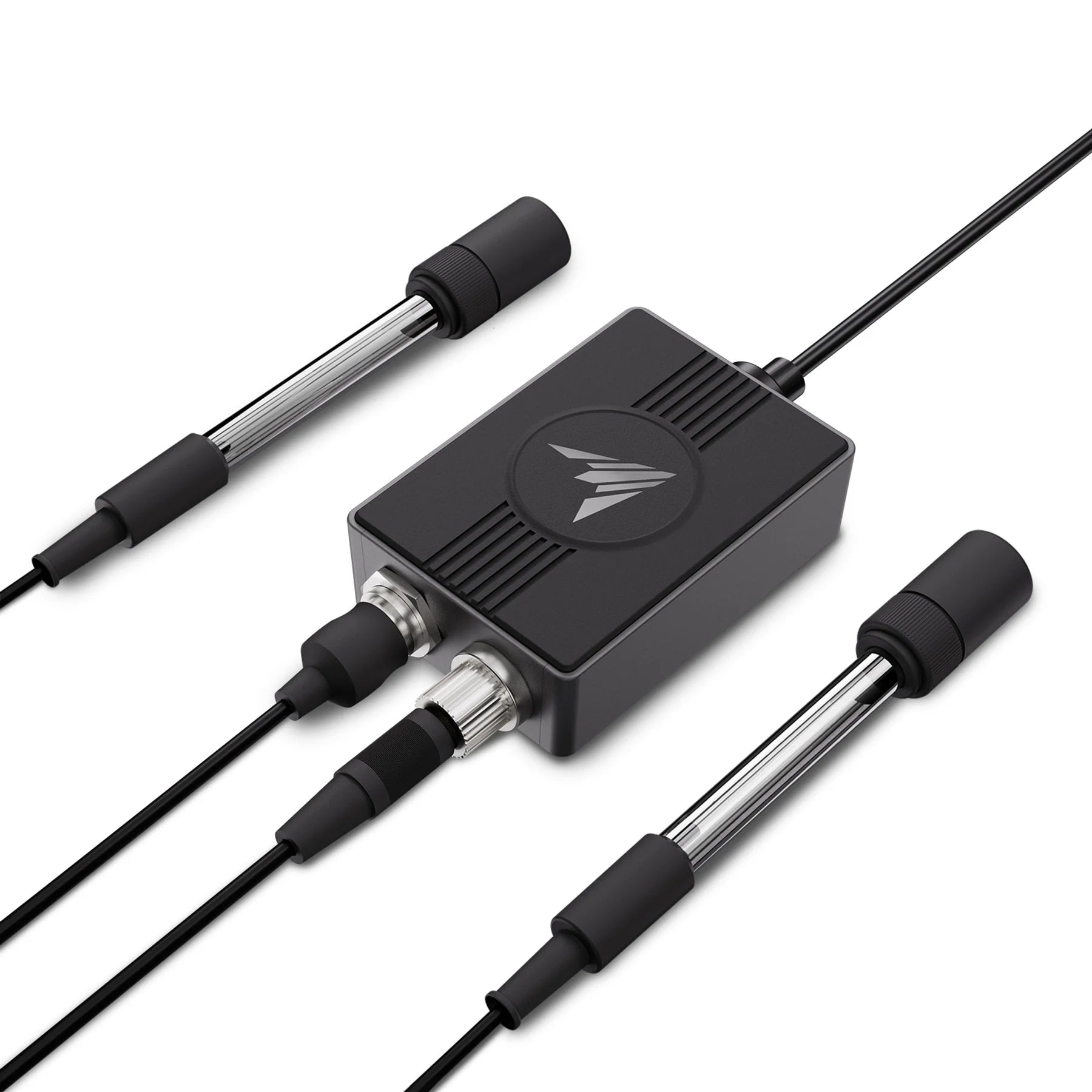 Black electronic device with two cables on a white background