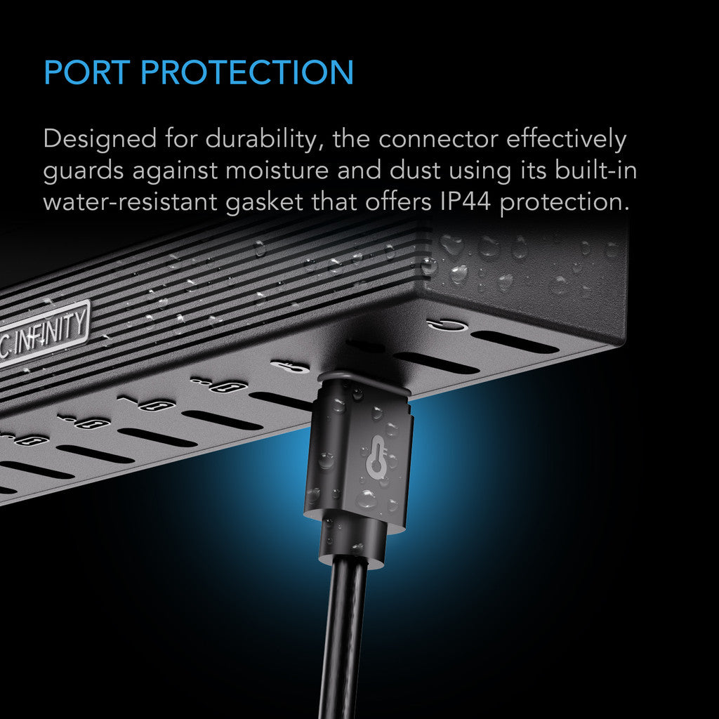 IP44 water-resistant cord protecting against moisture and dust