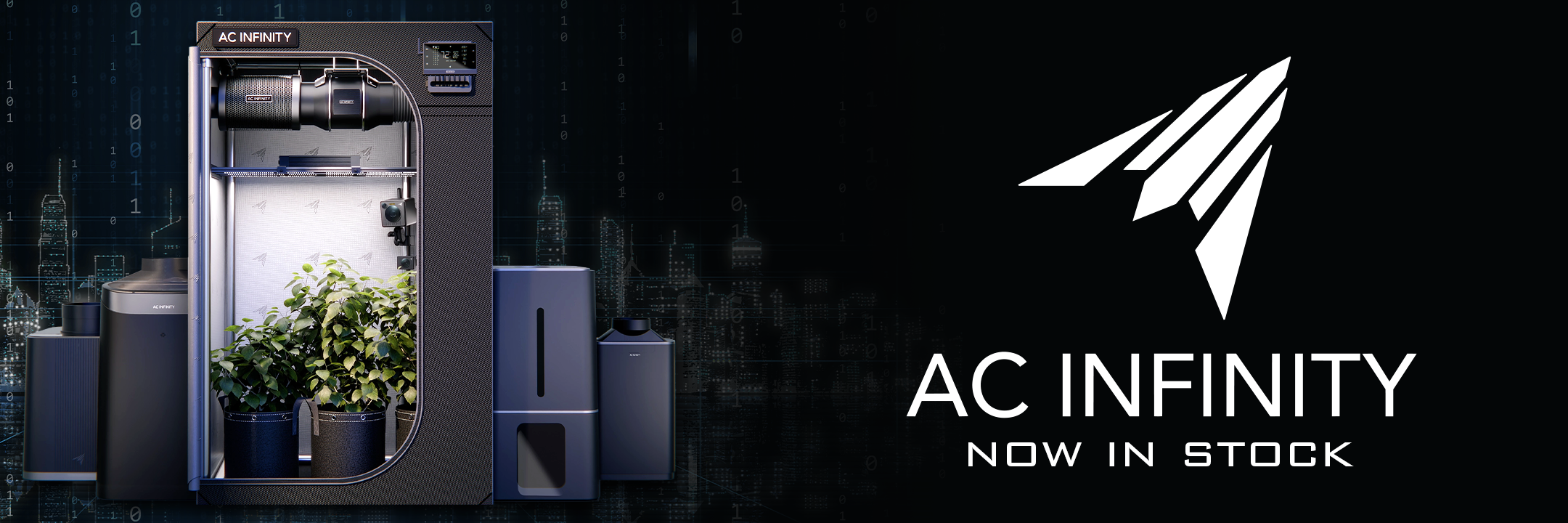 Banner promoting AC Infinity ventilation, LED lights, and controllers at Holland Horticulture