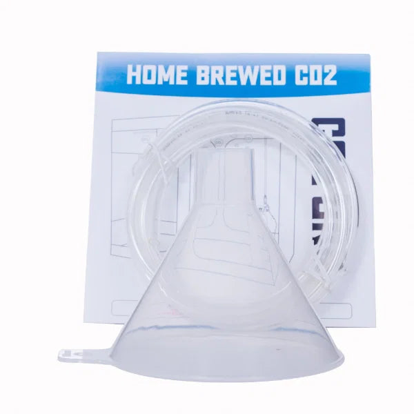 Clear silicone funnel with packaging labeled 'Home Brewed CO2' on a white background