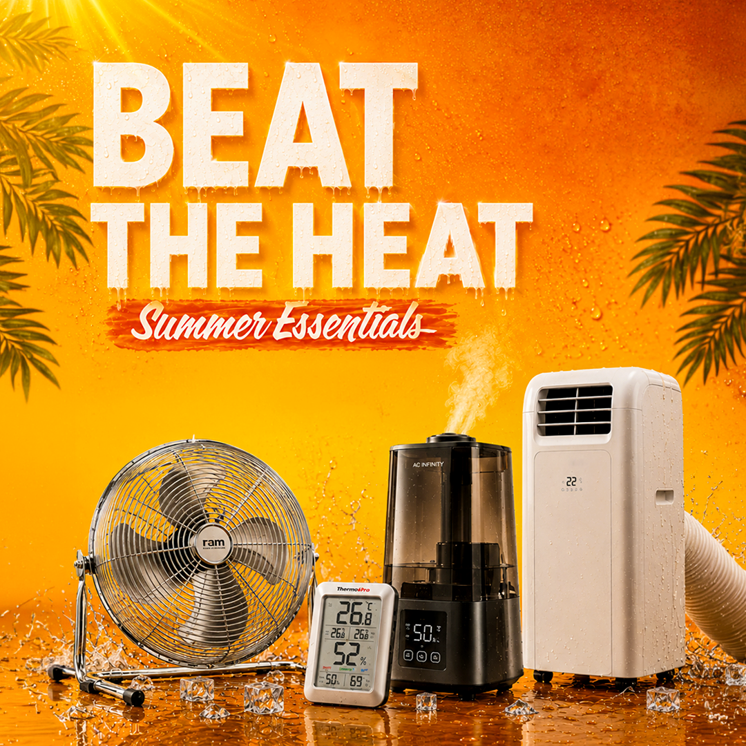 Summer hydroponic essentials banner featuring fans, ventilation, AC, humidifiers and LED grow lights at Holland Horticulture.