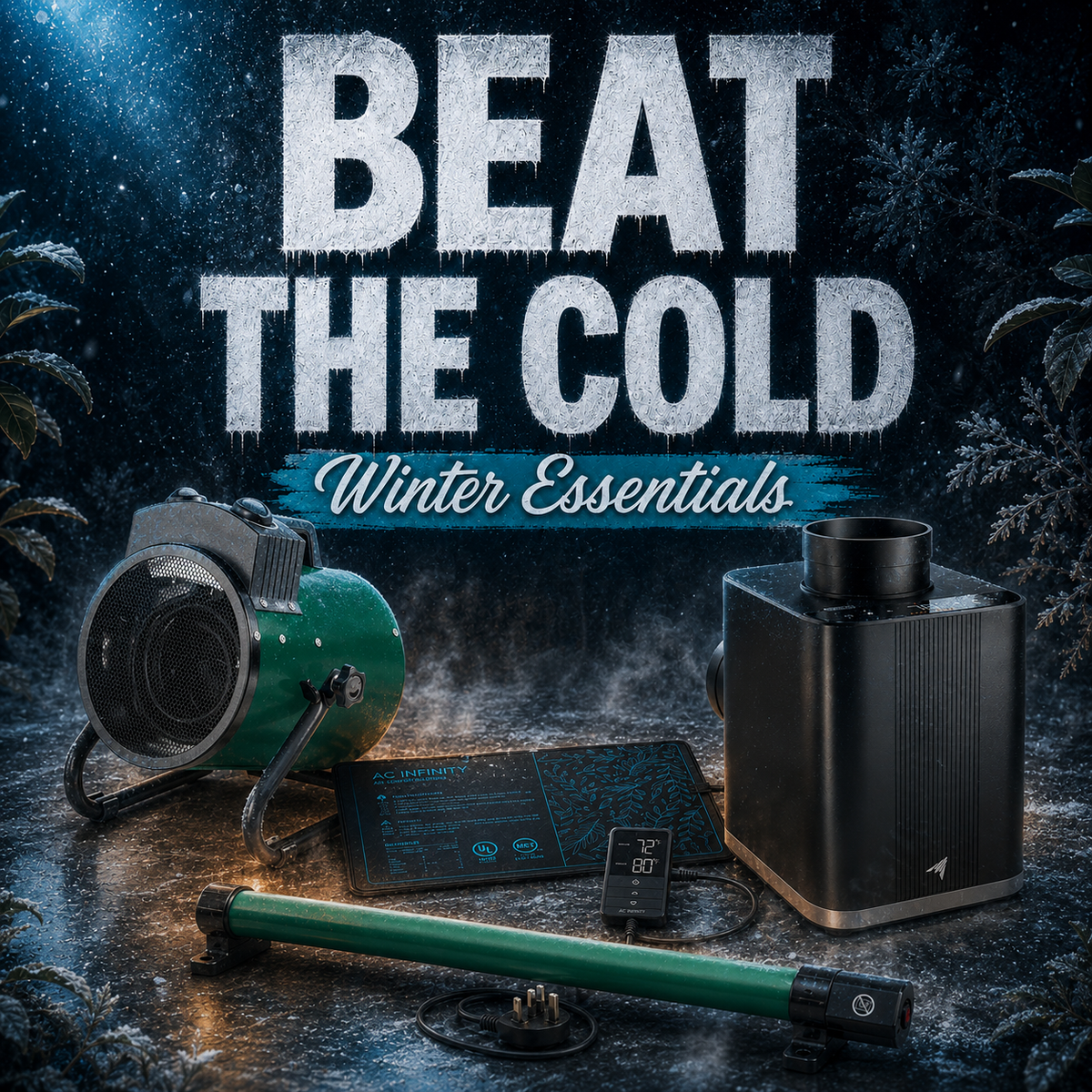 Winter hydroponic essentials banner featuring Heaters, Temperature controll, AC, De-humidifiers and heat mats at Holland Horticulture.