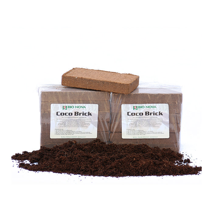 A Bio Nova Coco Brick surrounded by expanded coco coir, with labels indicating the product brand and type.