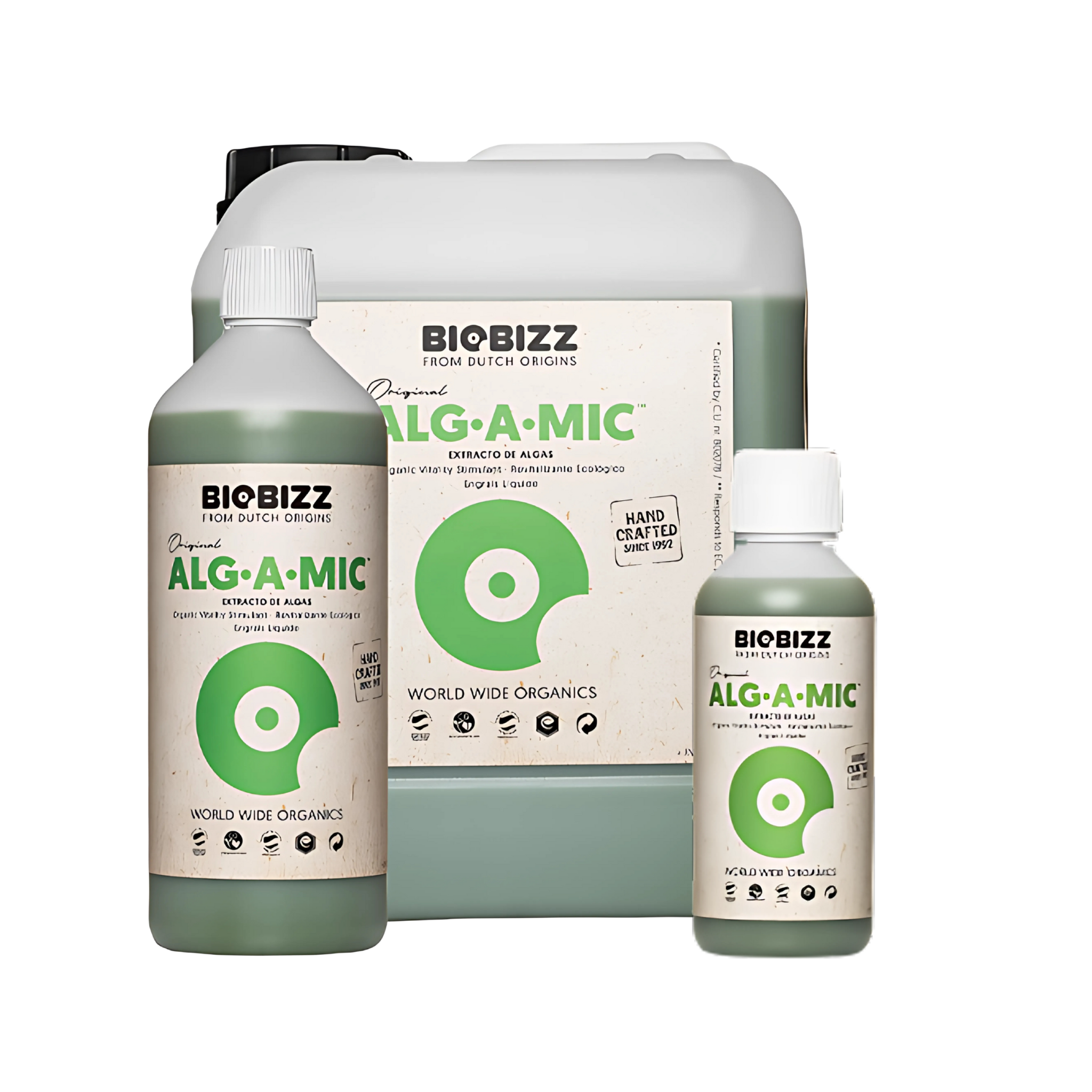 BioBizz Alg-A-Mic fertilizer bottles and packaging on a white background