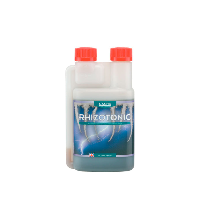 A bottle of Canna Rhizotonic 250ML, with a label featuring a palm tree and the brand's colors and logo.