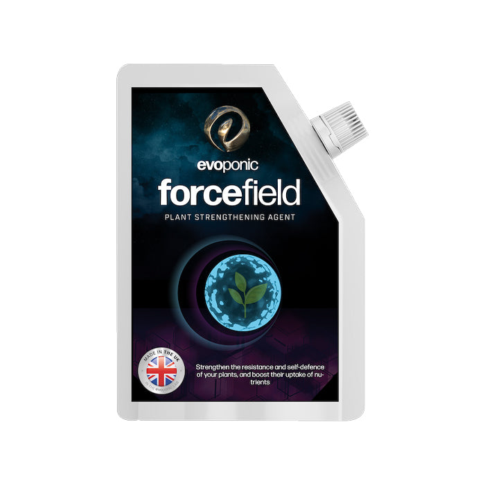 A bottle of Evoponic Force Field, a plant strengthening agent, with a label showing a blue and purple design and a silhouette of a plant.