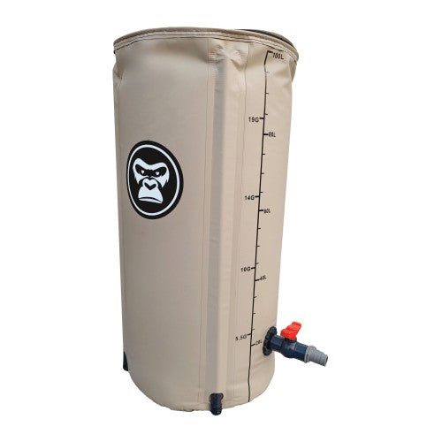 Gorilla water storage tank with measurement scale and valve on a white background