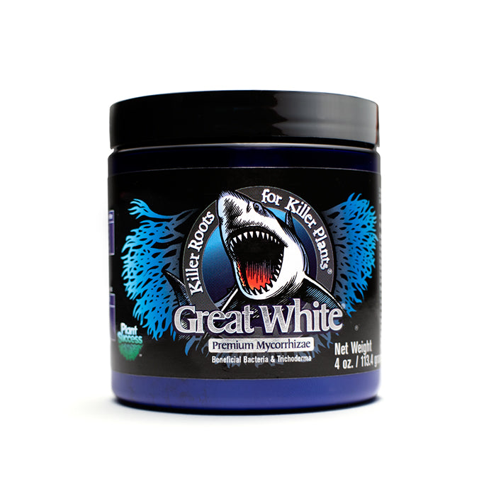 image of a tub of 4 oz great white premium mycorrhizae plant nutrients on a white background