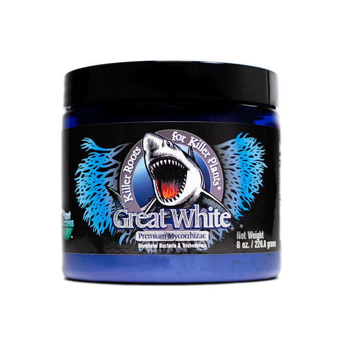 image of a tub of 8 oz great white premium mycorrhizae plant nutrients on a white background