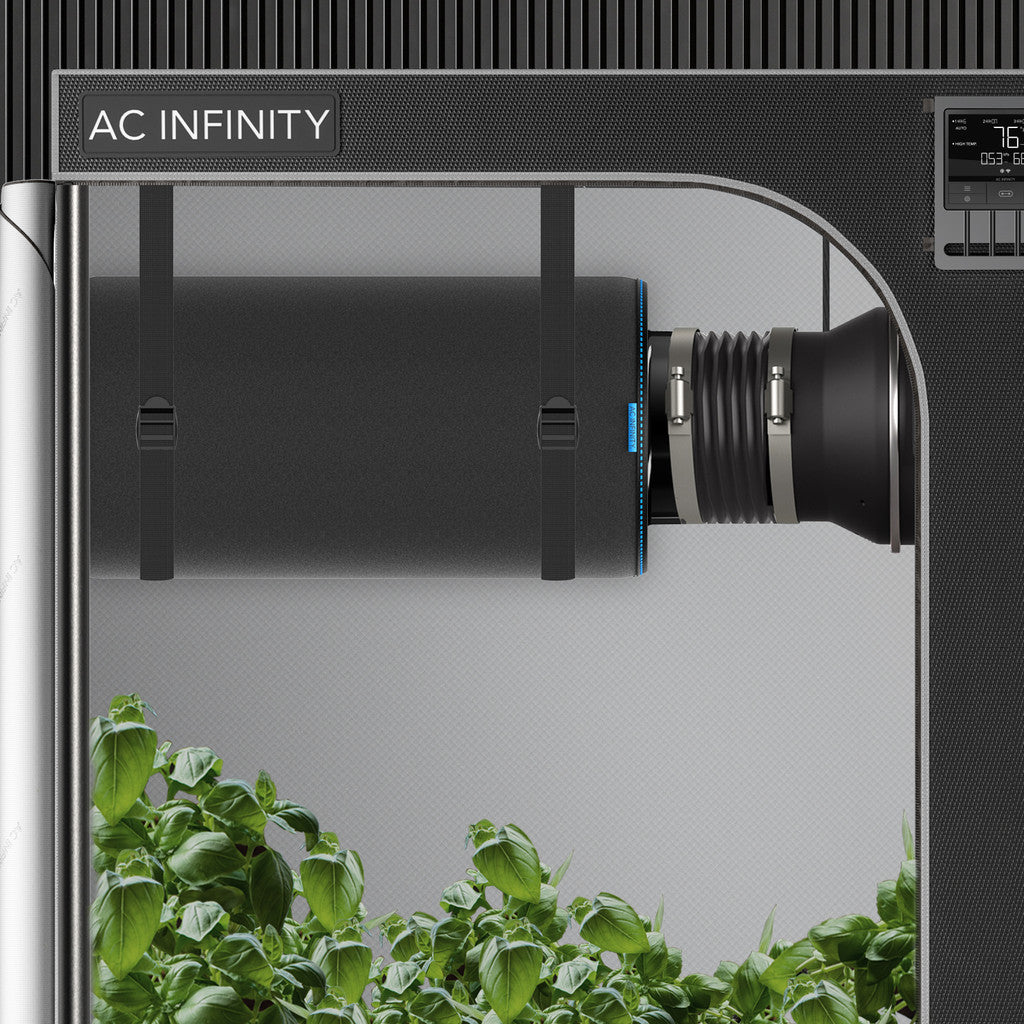 8 inch inline carbon filter installed inside hydroponic grow tent with ducting