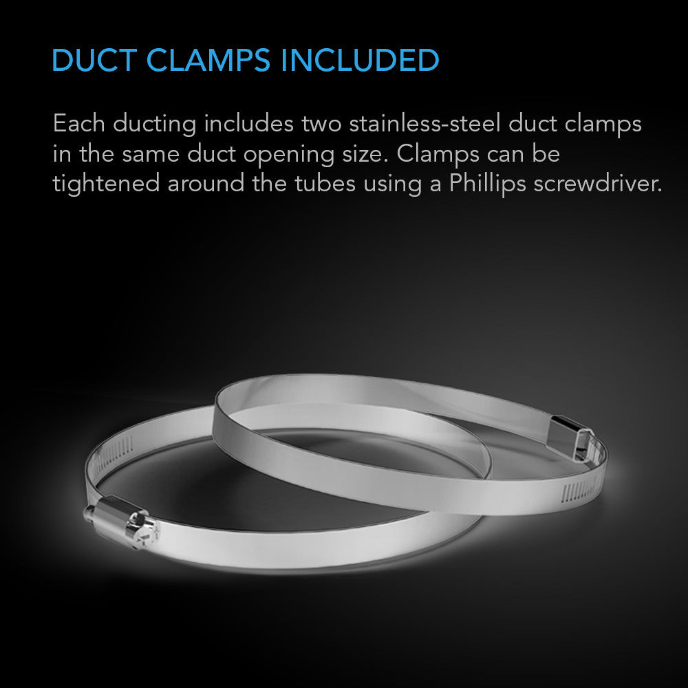 Two stainless steel 8 inch duct clamps included for secure installation