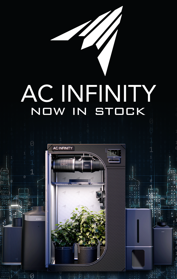 Banner promoting AC Infinity ventilation, LED lights, and controllers at Holland Horticulture