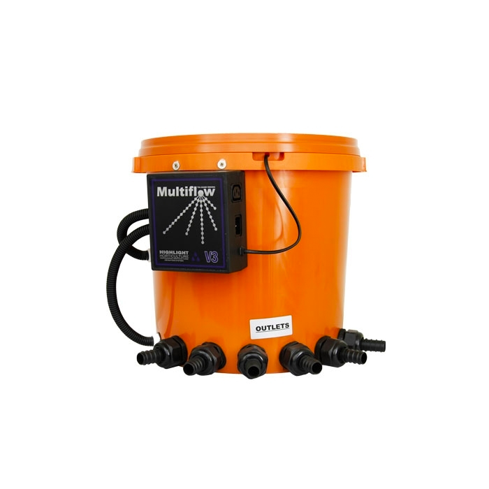 An orange Multiflow Brain V3R level controller with a digital display and several hoses and connectors.