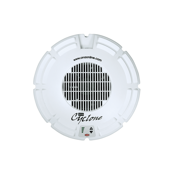 A white cyclone fan with a push button switch, designed for use with ONA Gel Distribution System, featuring a grid pattern on the front.