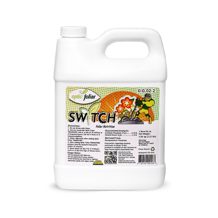 A white plastic bottle with a label featuring the brand Optic Foliar and the product name Switch, indicating it is a foliar feed for plants.