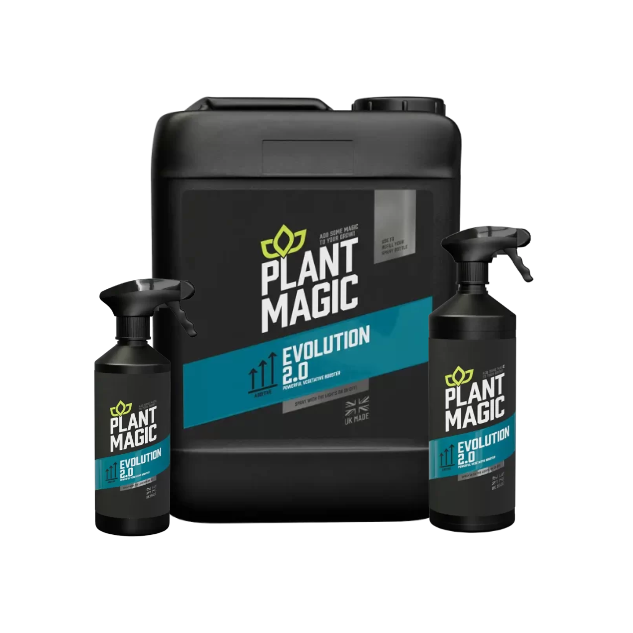 Plant Magic Evolution 2.0 product set including a large container and two smaller bottles on a white background.