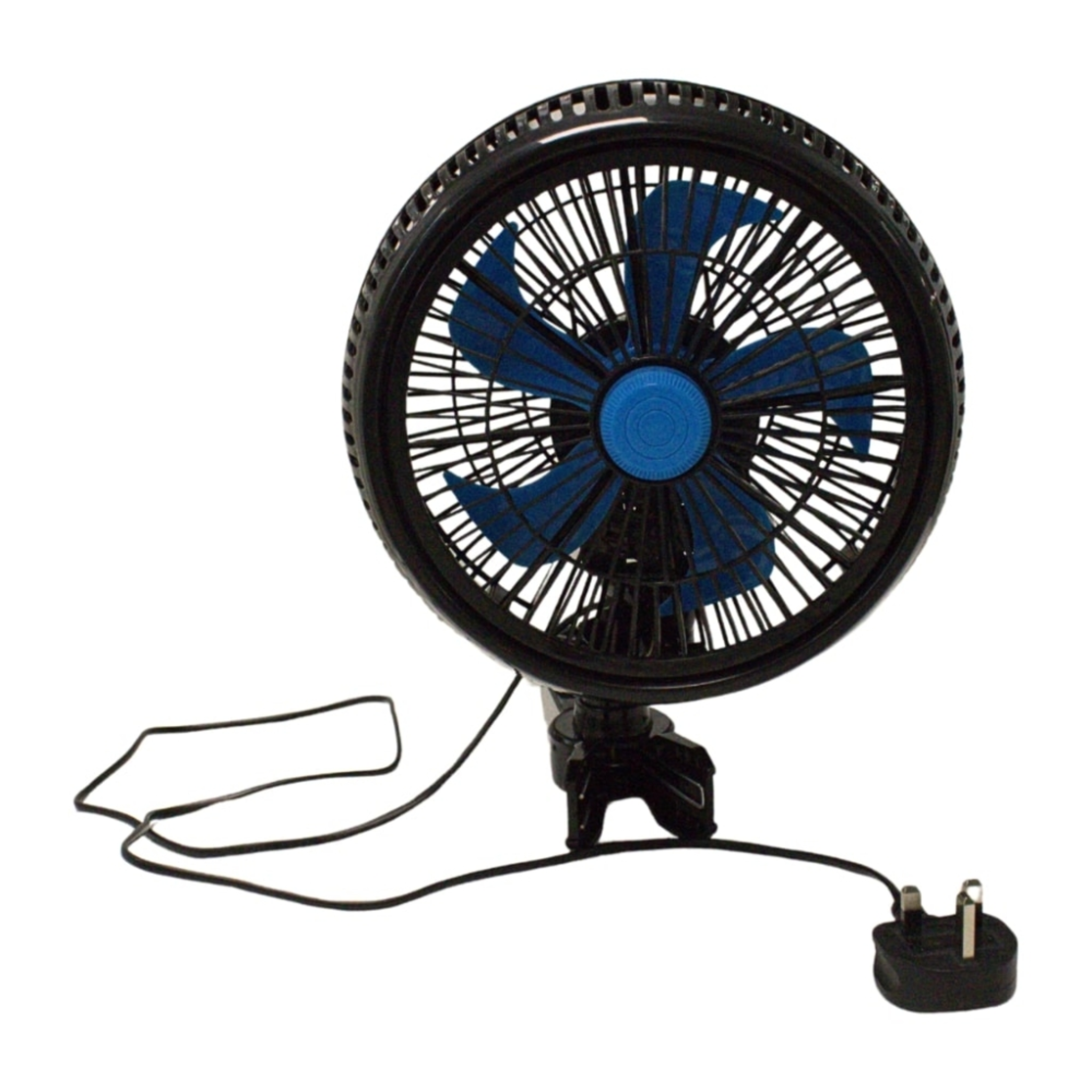 Portable fan with blue blades and black base on a white background