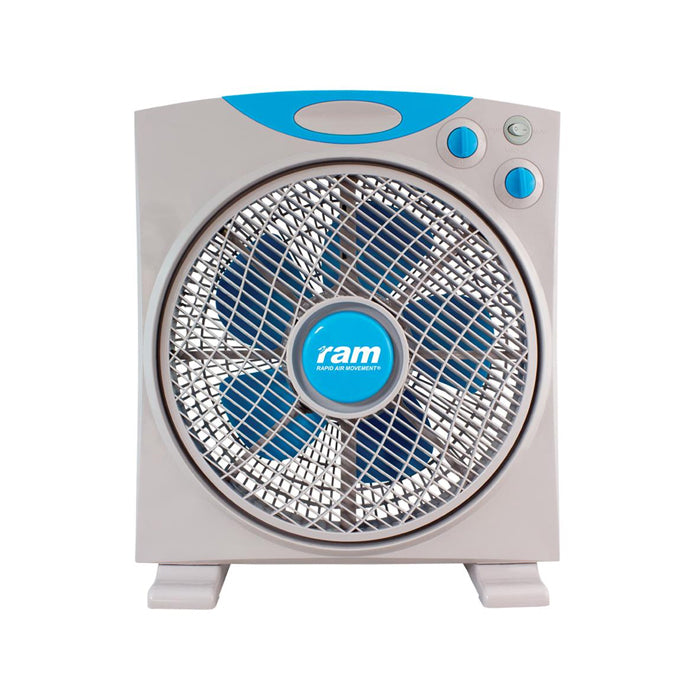A RAM Eco Fan with a 12-inch blade, predominantly white with blue accents, including blue front grill and control buttons.