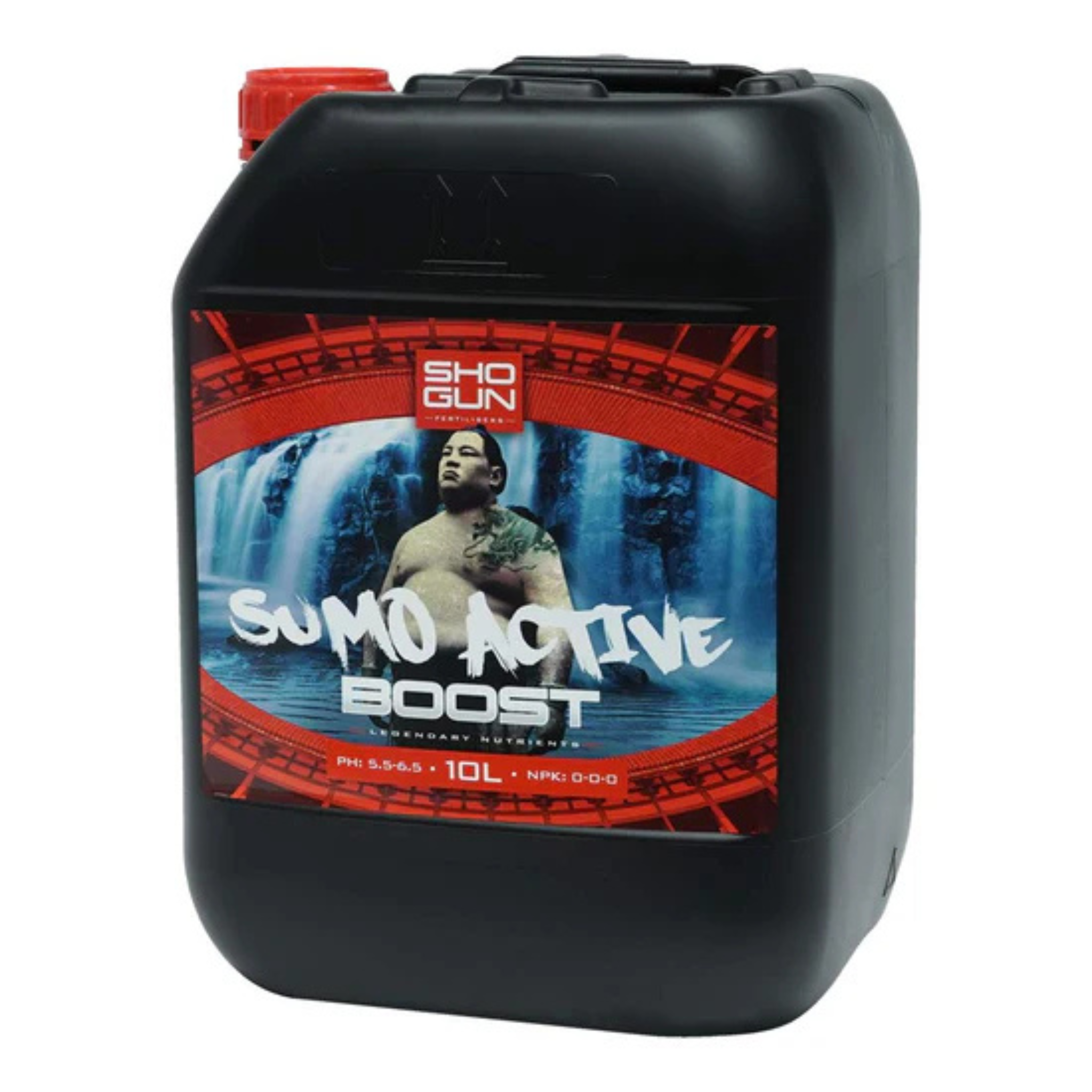 Black 10L Bottle with Shogun Sumo Active Boost label on a white background