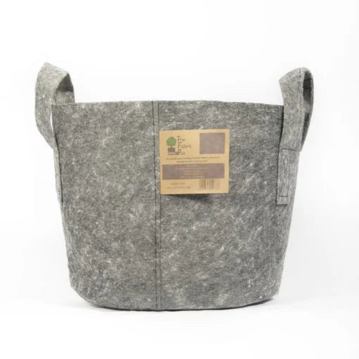 Close-up of grey fabric grow pot showing durable breathable material