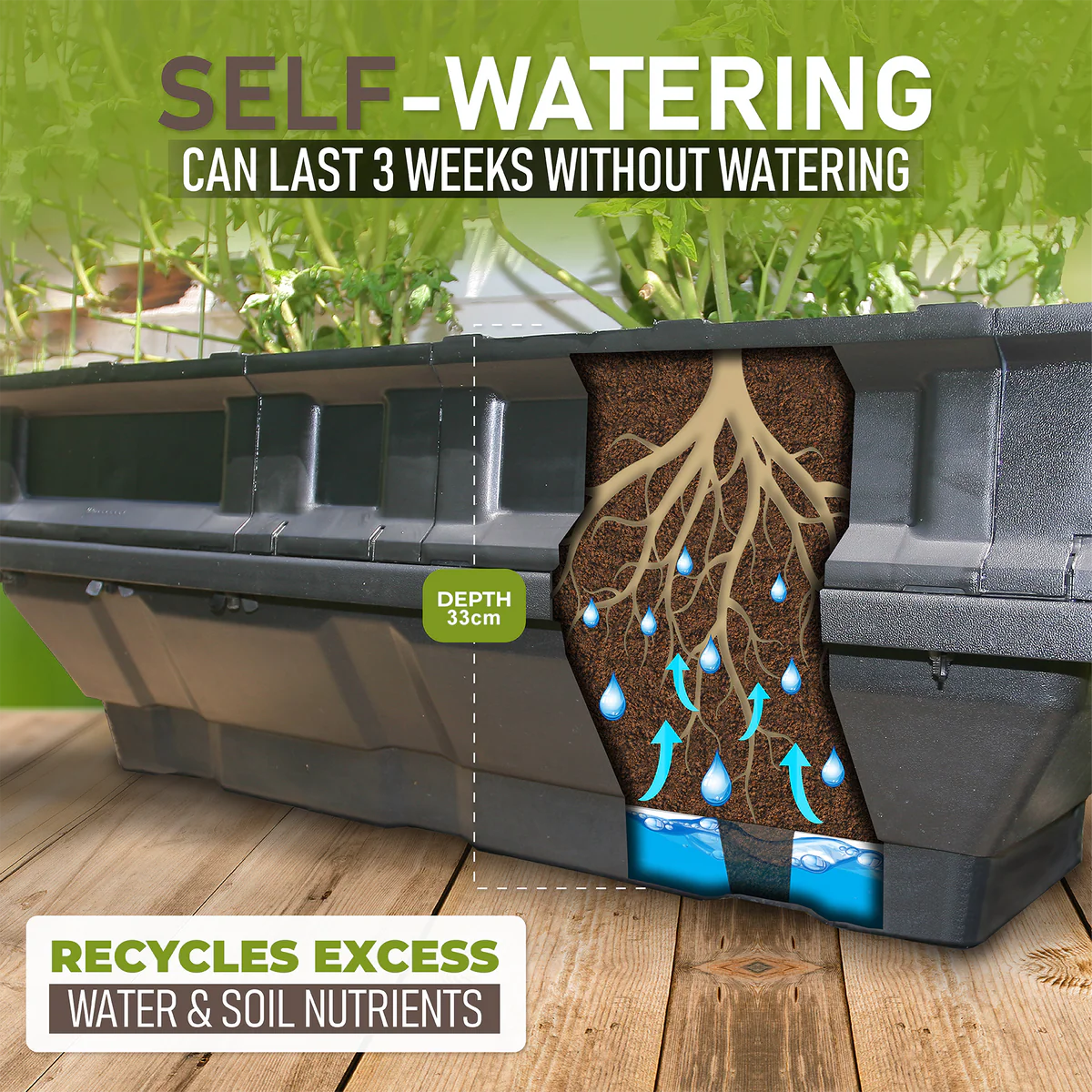 Self-watering garden bed with text highlighting its features on a wooden surface.